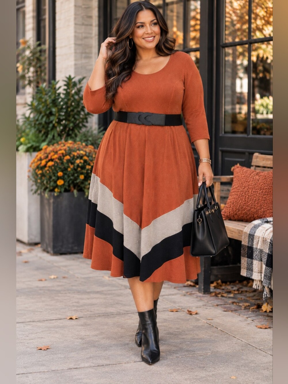 NWT ROBBIE BEE Rust Colorblock Sweater Knit Dress 3/4 Sleeve A-Line Midi